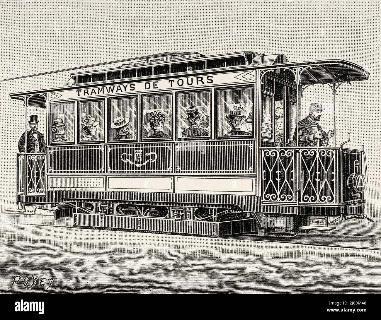 Tramways électriques à Tours. France, Europe. Ancienne illustration gravée du 19th siècle de la nature 1899 Banque D'Images