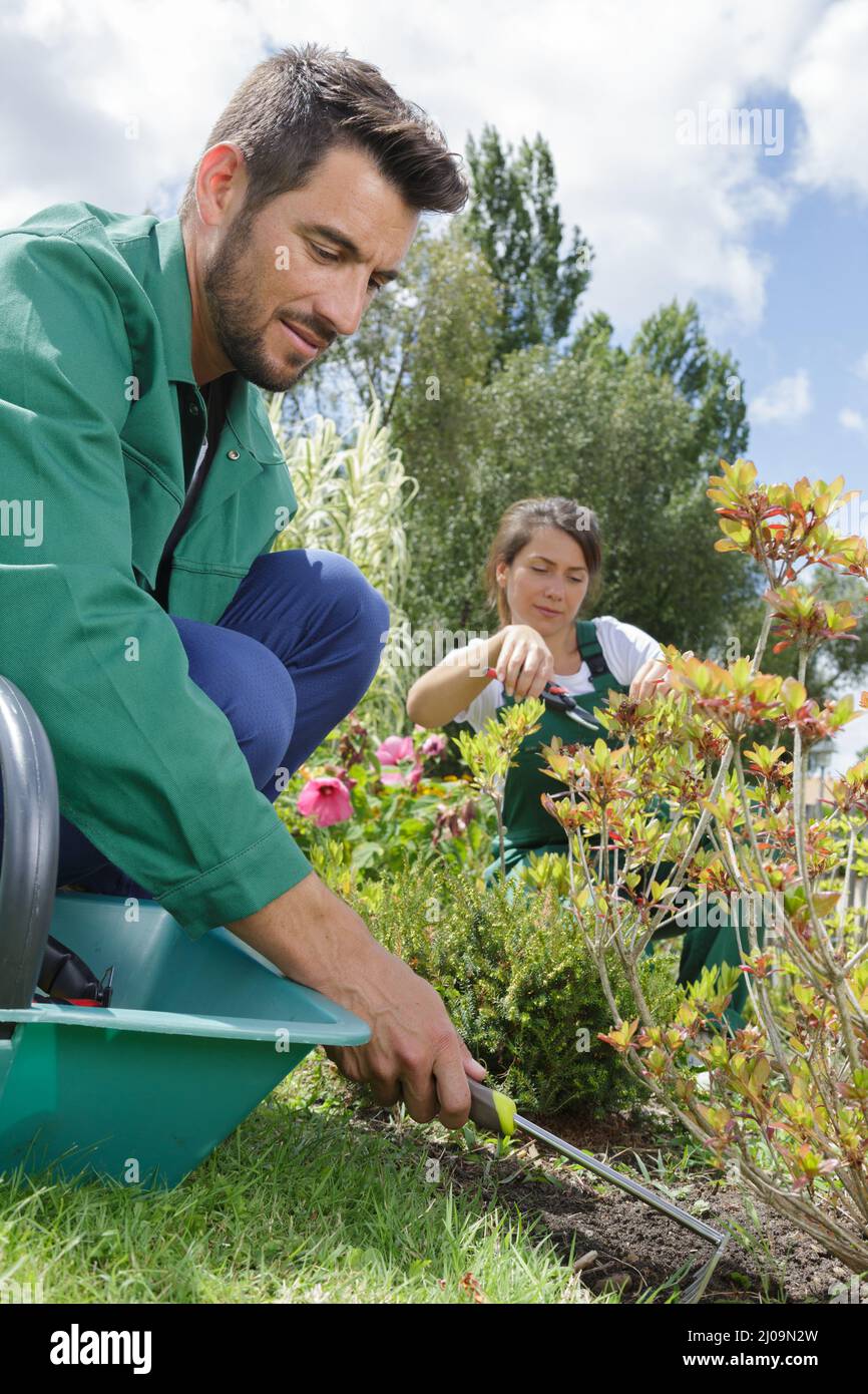 Homme de flou artistique le ratissage des feuilles au jardin Banque D'Images