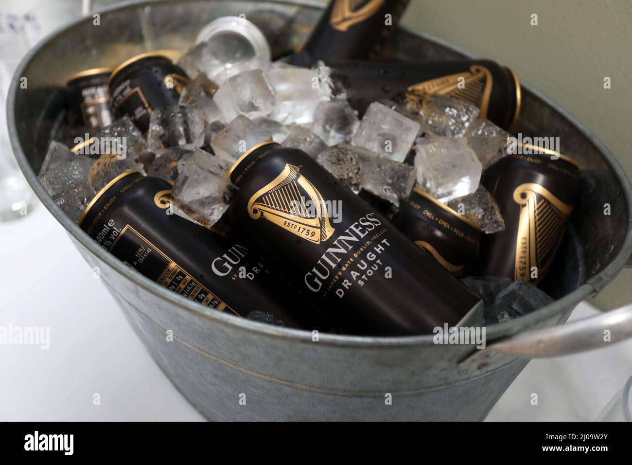 Vue générale sur une pinte de Guinness et des canettes de Guinness dans un hôtel à Sussex, Royaume-Uni. Banque D'Images