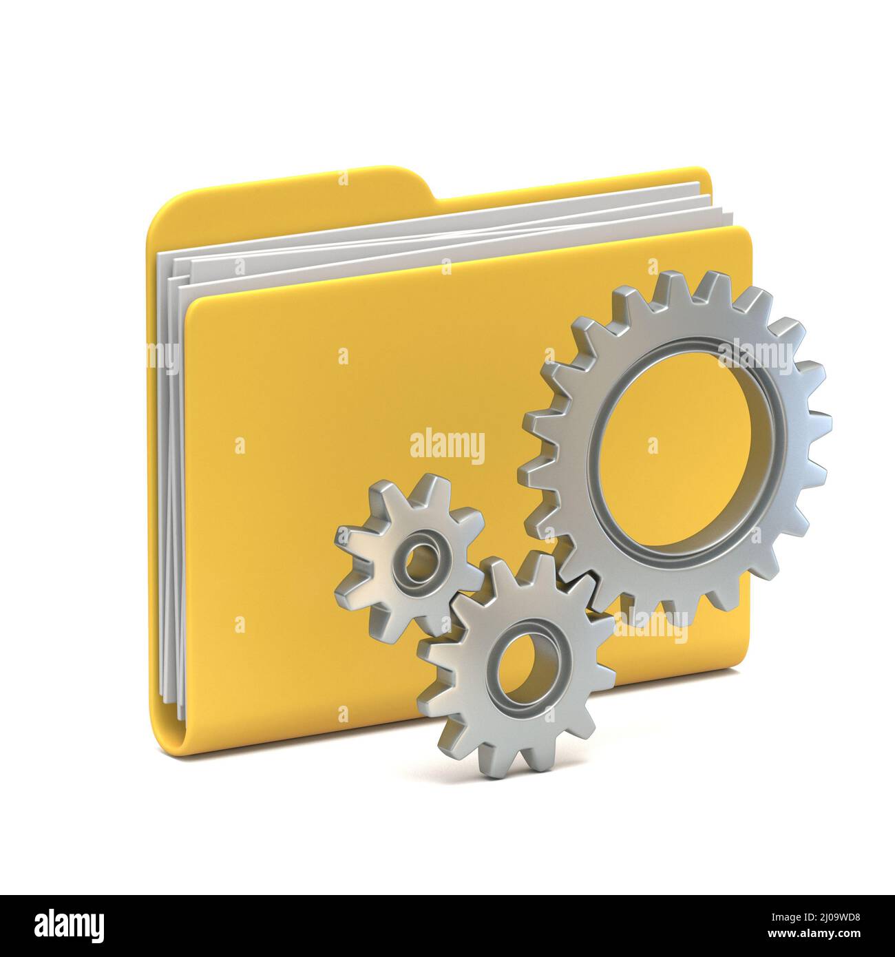 Icône de dossier jaune avec roues dentées en acier 3D rendant l'illustration isolée sur fond blanc Banque D'Images