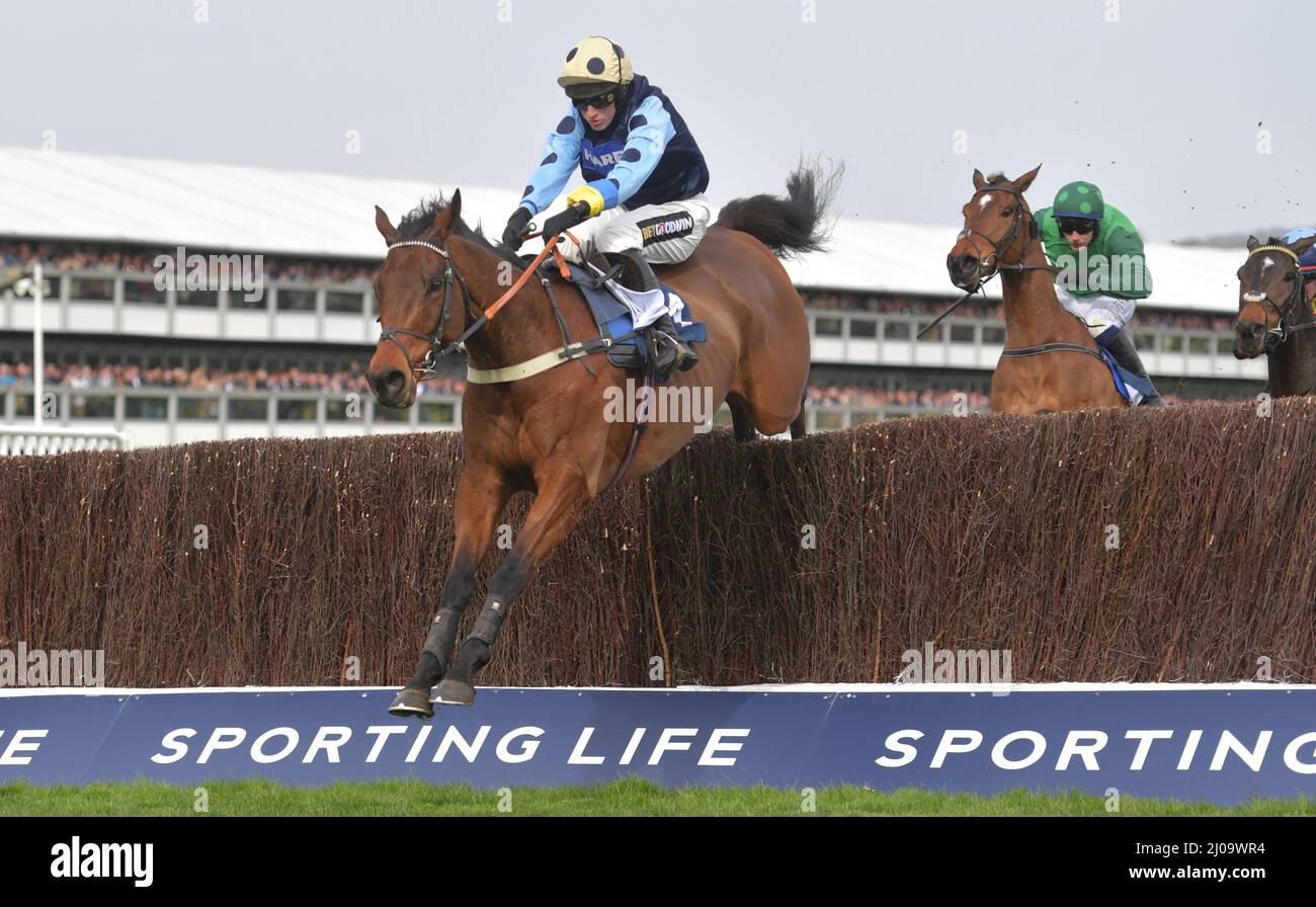 Jour 1 du Festival de Cheltenham à l'hippodrome de Cheltenham. 2,10 chasse au chatoiement. Le vainqueur de la course Edwardstone, criblé par Tom Cannon, saute le dernier Pi Banque D'Images