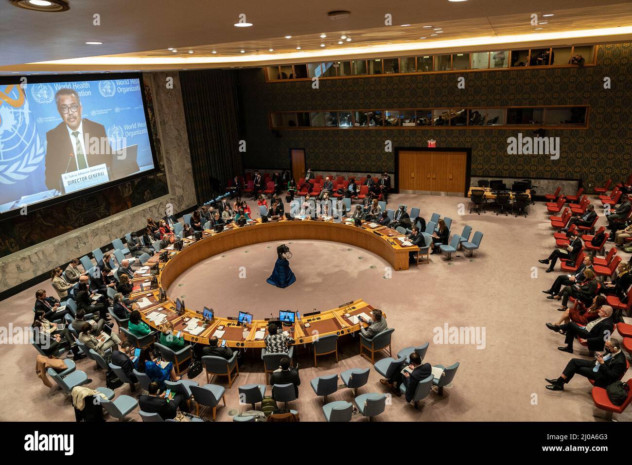 Raouf Mazou, Haut Commissaire adjoint aux opérations, Haut Commissariat des Nations Unies pour les réfugiés (HCR) et Tedros Adhanom Ghebreyesus, Directeur général de l'Organisation mondiale de la santé, se sont joints à la quasi-réunion du Conseil de sécurité sur la résolution relative à l'aide humanitaire à l'Ukraine au siège de l'ONU à New York le 17 mars, 2022. Il y a plus d'une semaine que la France et le Mexique ont proposé une résolution sur l'aide humanitaire à l'Ukraine, la Russie n'est pas d'accord avec elle et a finalement présenté sa propre résolution, le résultat le plus probable de deux résolutions concurrentes si l'on veut voter pour eux à plein régime Banque D'Images