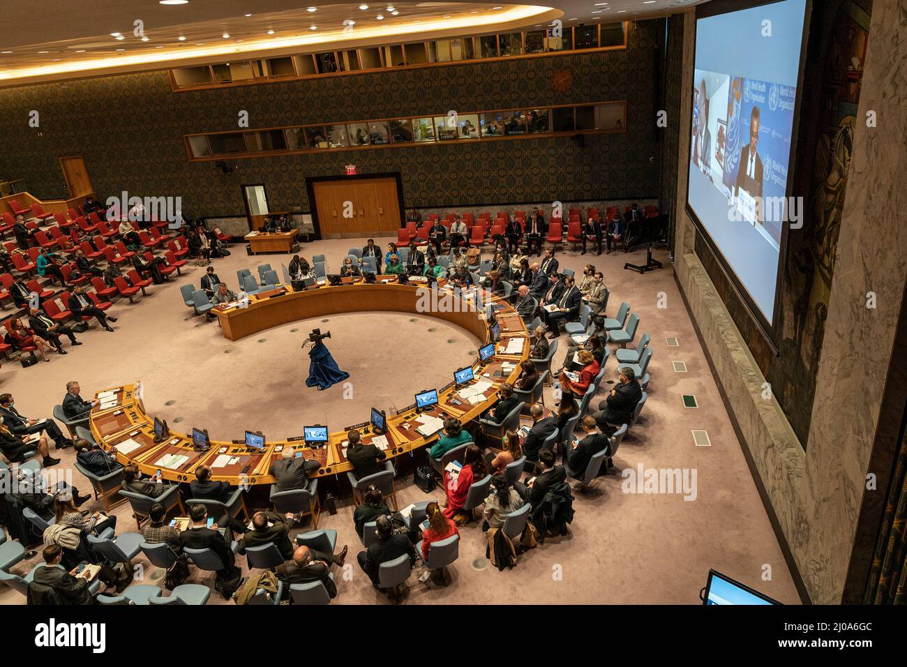 Raouf Mazou, Haut Commissaire adjoint aux opérations, Haut Commissariat des Nations Unies pour les réfugiés (HCR) et Tedros Adhanom Ghebreyesus, Directeur général de l'Organisation mondiale de la santé, se sont joints à la quasi-réunion du Conseil de sécurité sur la résolution relative à l'aide humanitaire à l'Ukraine au siège de l'ONU à New York le 17 mars, 2022. Il y a plus d'une semaine que la France et le Mexique ont proposé une résolution sur l'aide humanitaire à l'Ukraine, la Russie n'est pas d'accord avec elle et a finalement présenté sa propre résolution, le résultat le plus probable de deux résolutions concurrentes si l'on veut voter pour eux à plein régime Banque D'Images