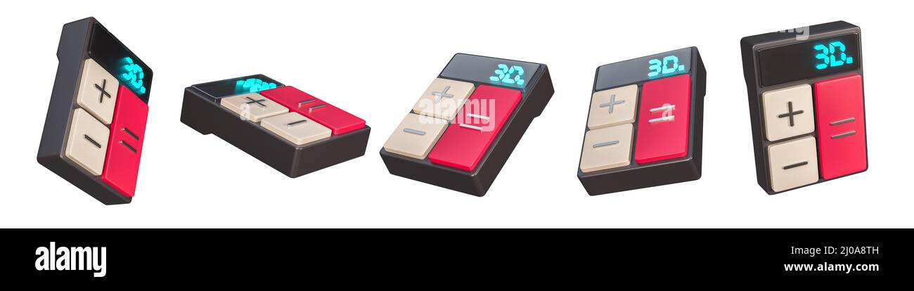 Ensemble de 3D calculatrices isolées sur fond blanc. appareil photo 5 angles différents pour le web. 3d rendu. Banque D'Images