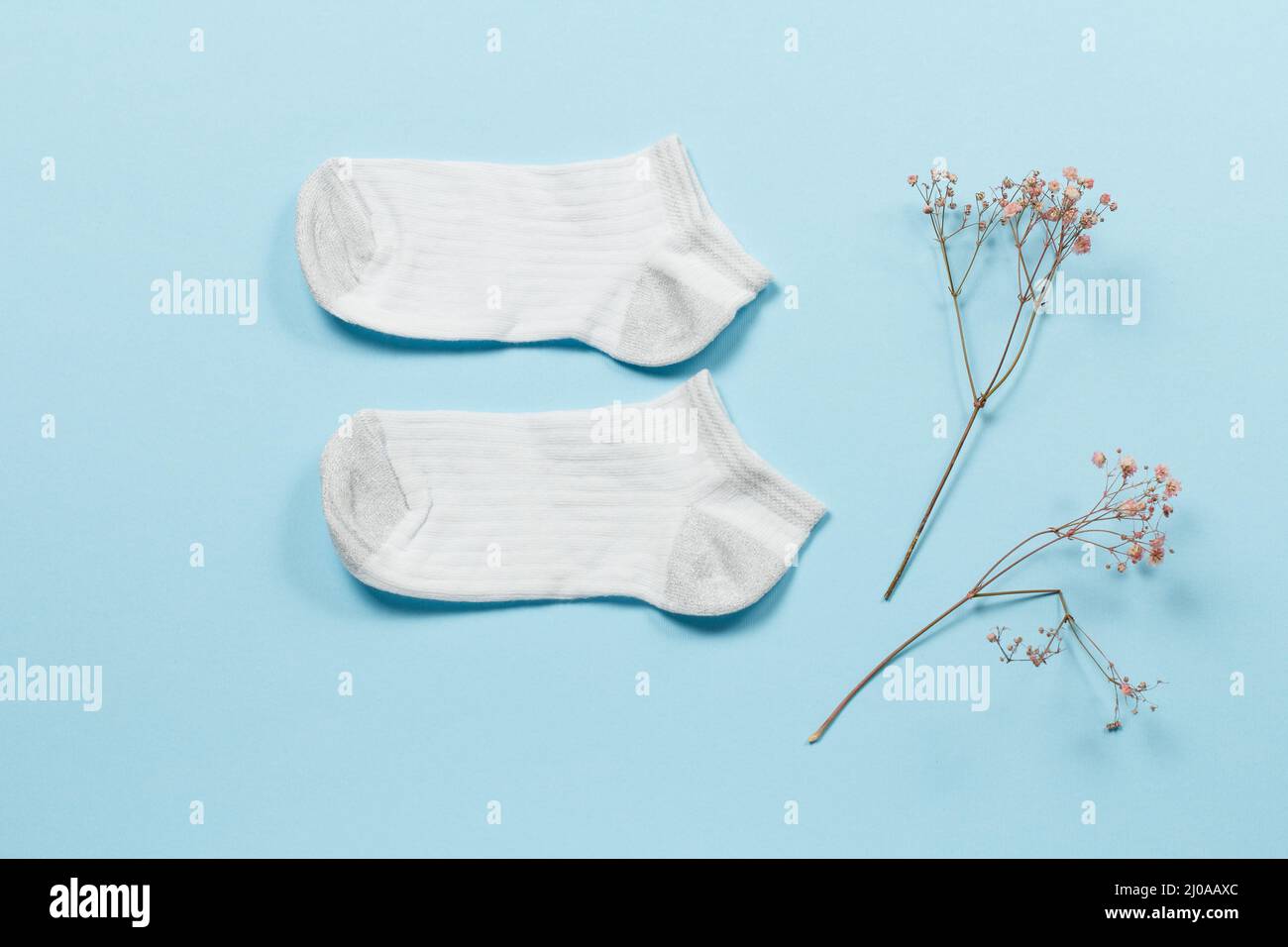 Paire de chaussettes blanches pour femmes et branches décoratives sur fond bleu, vue du dessus. Banque D'Images