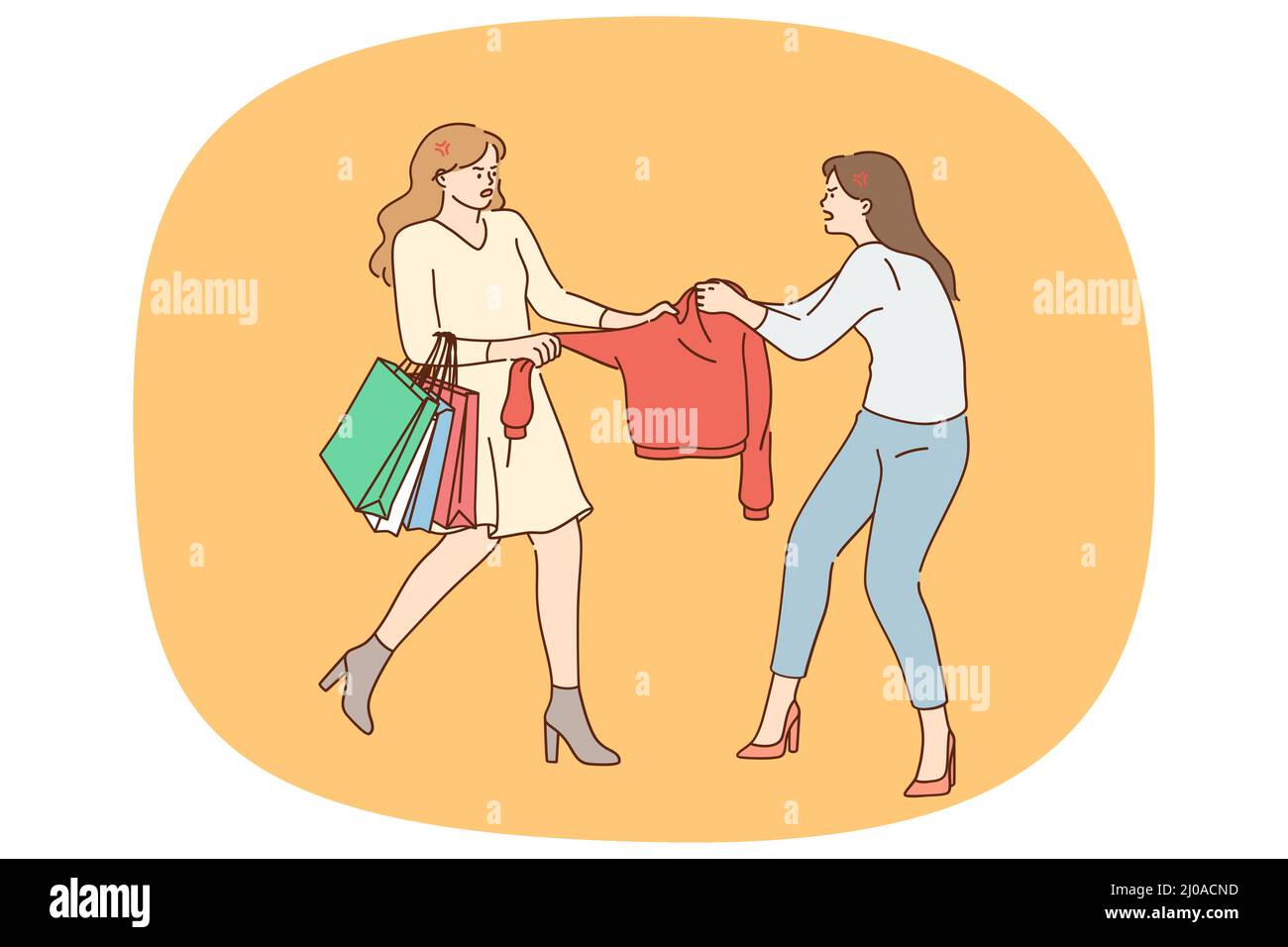 Les femmes en colère se battent pour trouver un vêtement en solde dans la  boutique. Les clients ou les acheteurs tenaces déterminés se battent pour  obtenir des vêtements sur la réduction ou