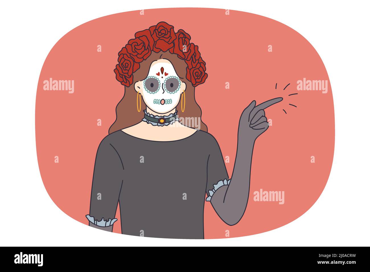 Sucre crâne femme dans le point de costume avec le doigt recommander vente offre ou offre. Femme vêtue pour la fête du carnaval de dia de los muertos. Jour de fête ou de fête des morts. Illustration vectorielle. Illustration de Vecteur