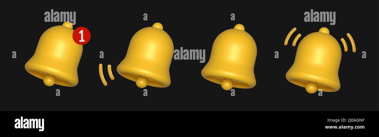 3d ensemble d'icônes de sonnerie de notification isolées sur fond noir. Illustration de Vecteur