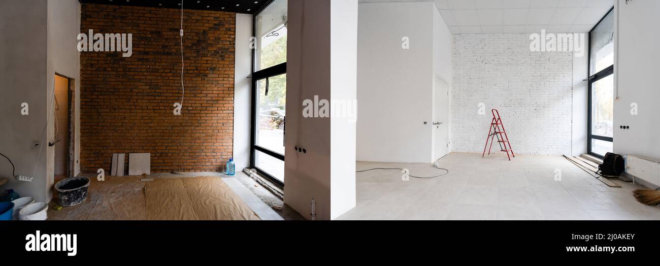 Réparation de locaux dans la maison. La chambre avant le surclassement. Banque D'Images