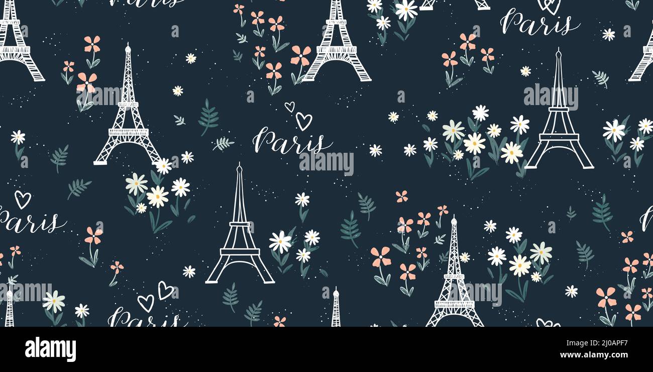 Romantique main dessinée Tour Eiffel sans couture, superbe toile de fond de la Saint-Valentin avec coeurs et fleurs, parfait pour les textiles, bannières, wallp Illustration de Vecteur