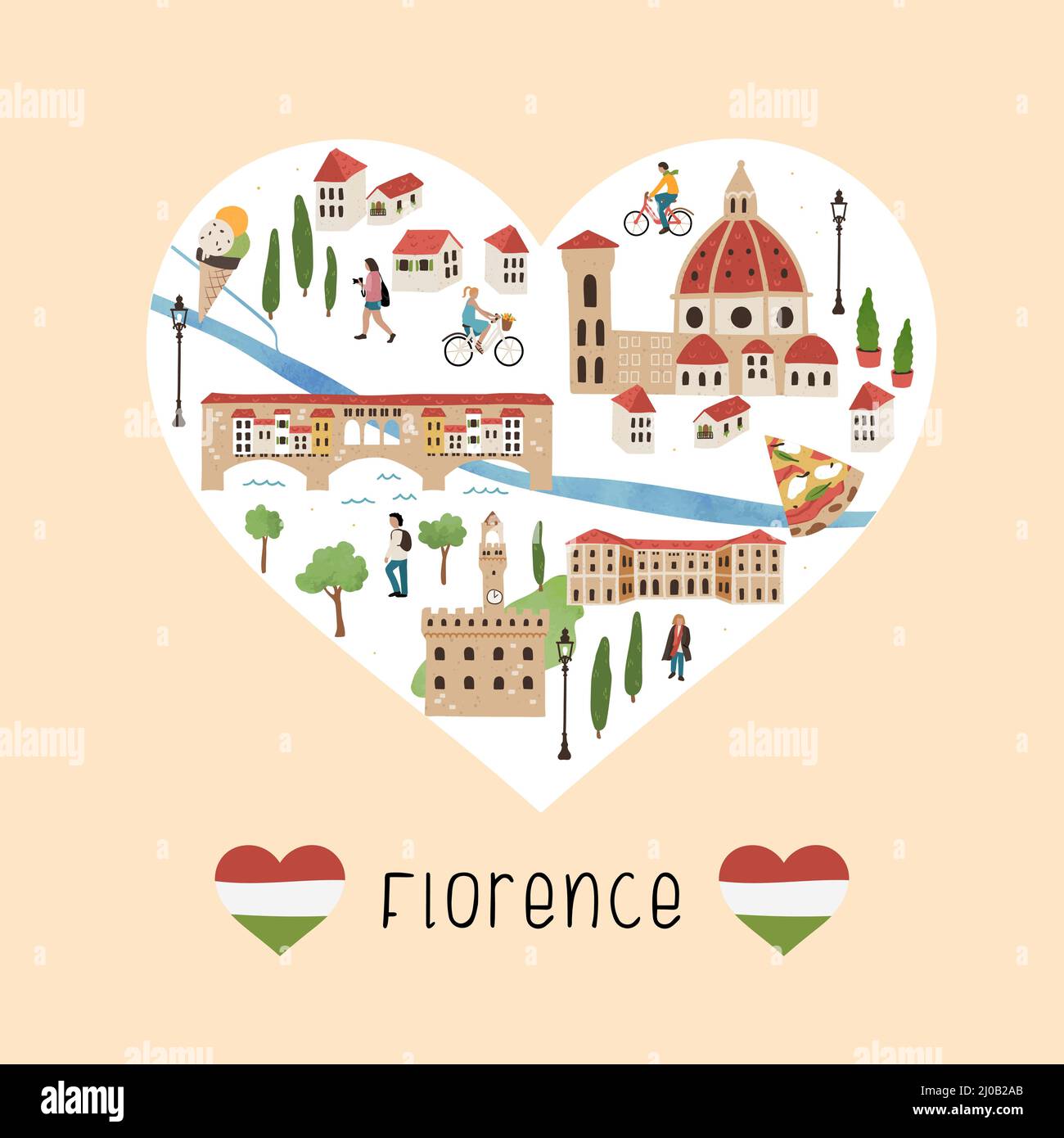 Belle carte dessinée à la main de Florence, Italie. Vues illustrées et décoration mignonne. Idéal pour les textiles, les cartes, les guides touristiques, les souvenirs - conception vectorielle Illustration de Vecteur