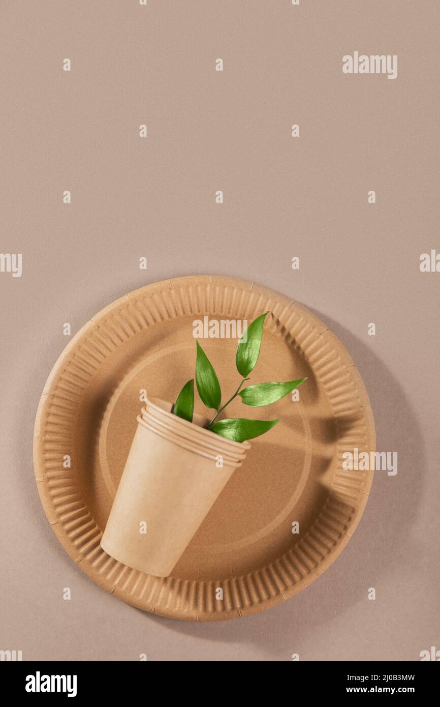 Vaisselle en papier jetable. Tasses, assiettes et feuilles vertes sur fond beige. Concept sans plastique et sans déchets. Banque D'Images