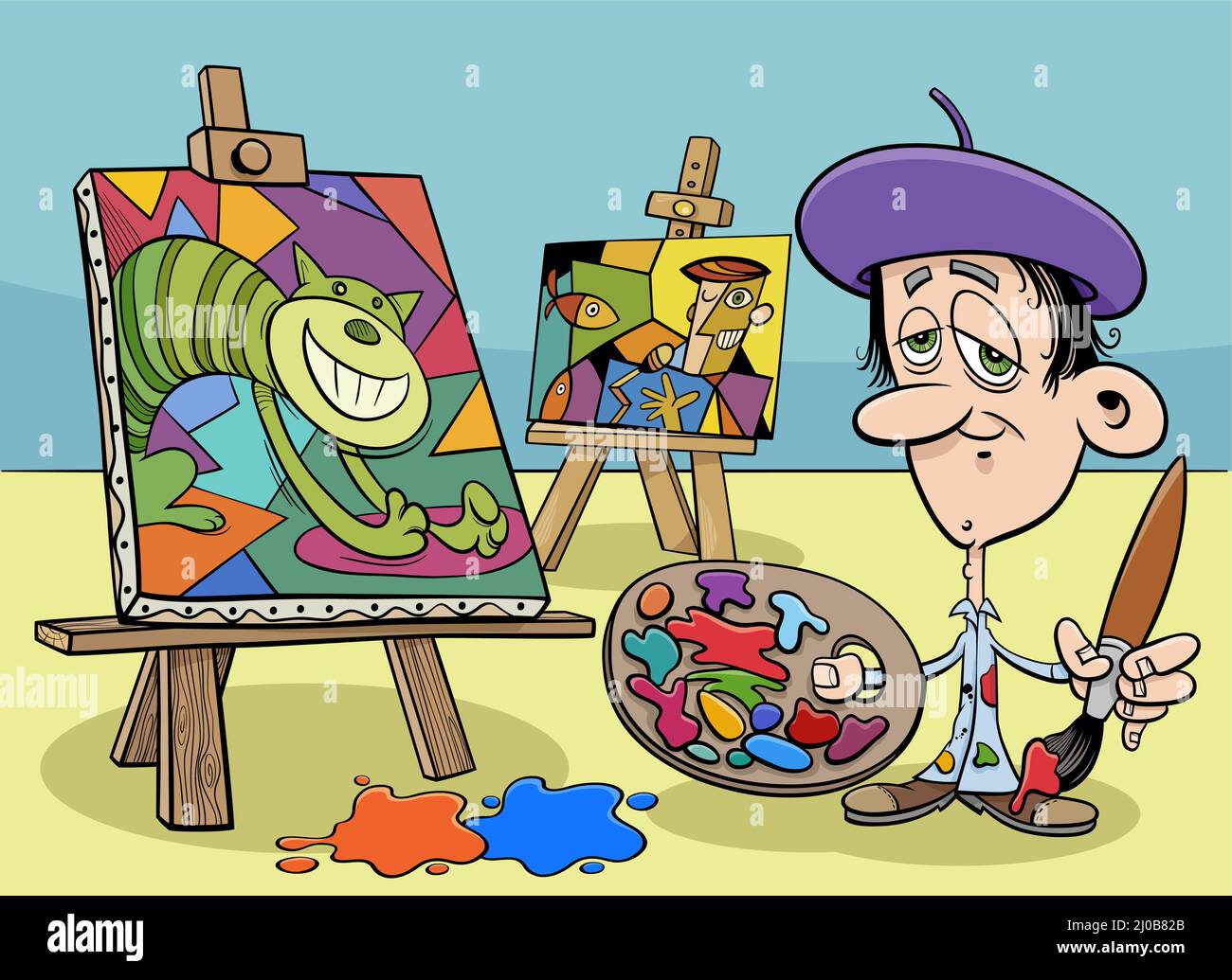 Illustration de dessin animé du personnage de peintre dans son studio Illustration de Vecteur