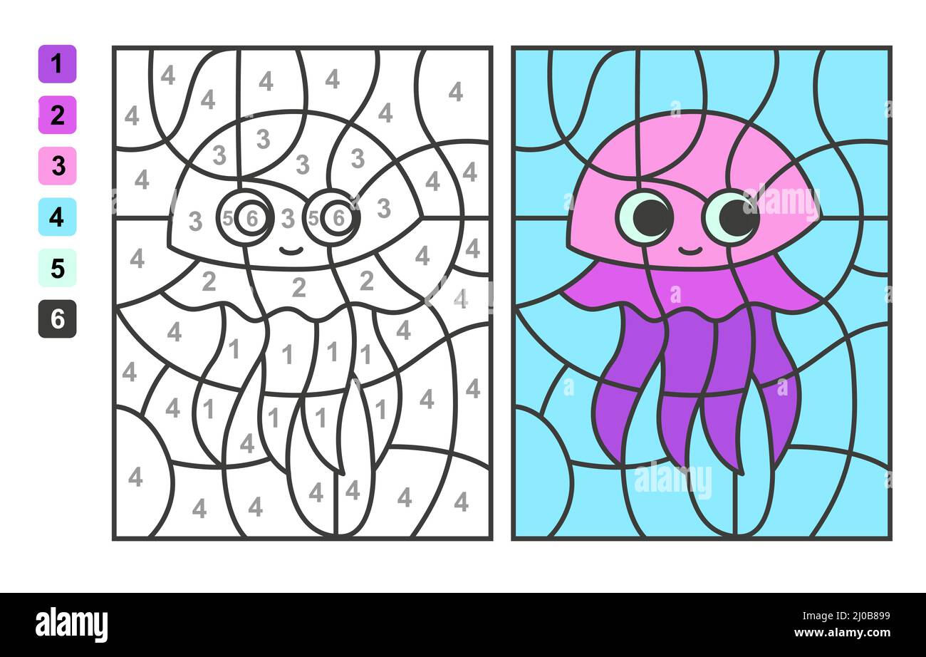 Couleur par nombres la vie de la mer et de l'océan. Jeu de puzzle pour l'éducation des enfants, couleurs pour le dessin et l'apprentissage des mathématiques Illustration de Vecteur