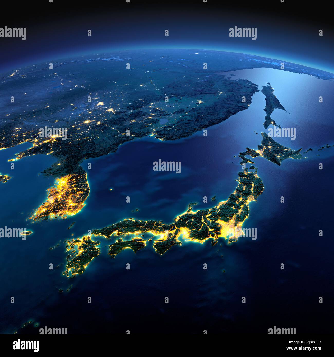 Terre détaillée. Une partie de l'Asie, du Japon et de la Corée, la mer japonaise sur une nuit de lune Banque D'Images