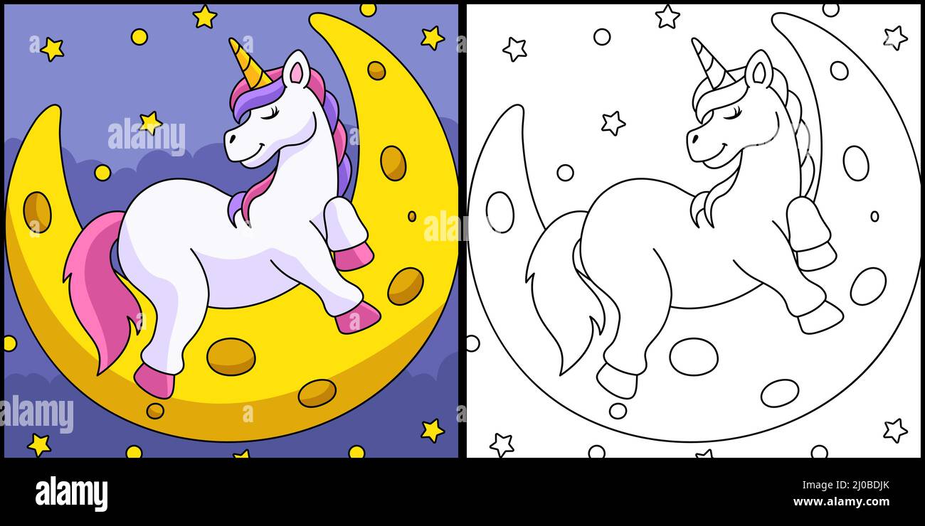 UNICORN Sleeping on the Moon coloriage page Illustration de Vecteur