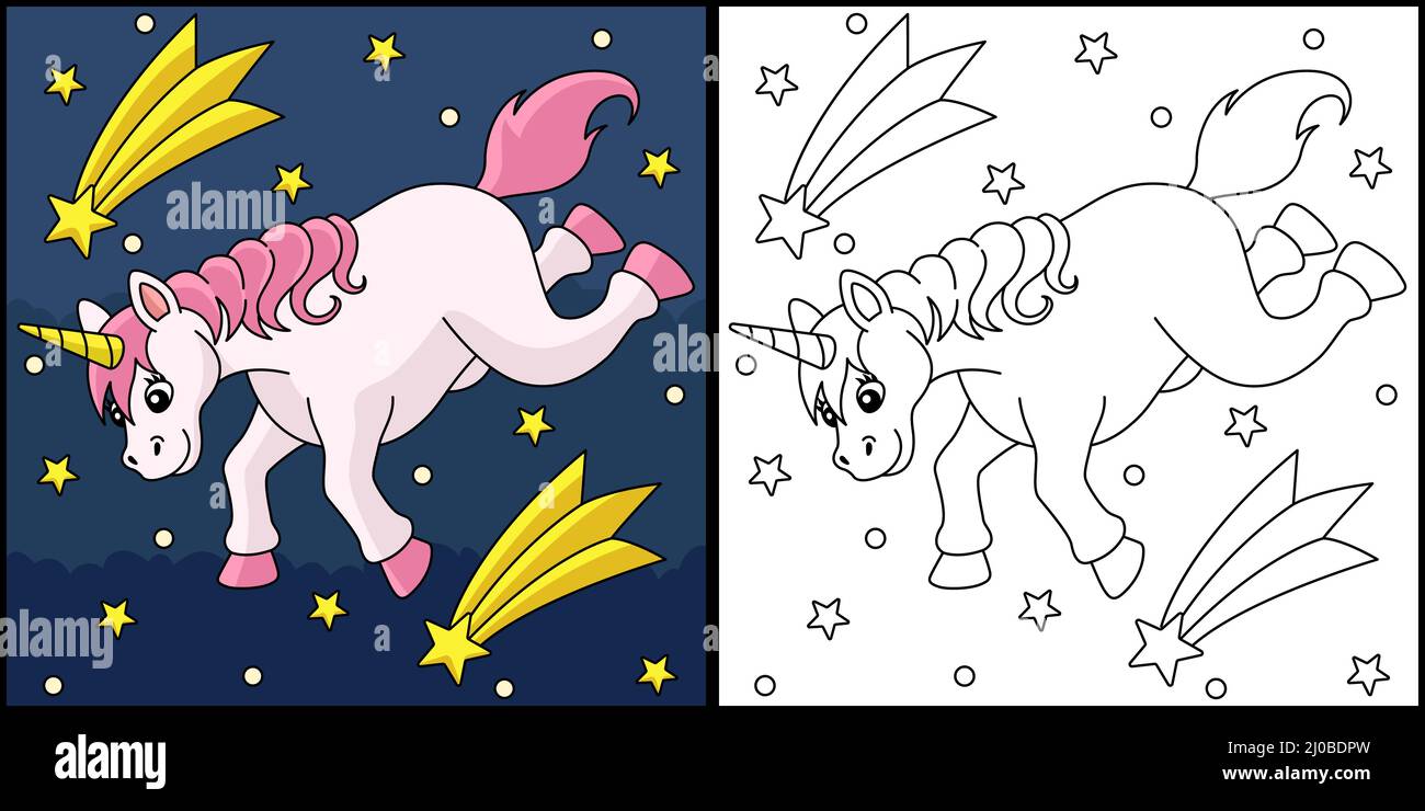 Falling Unicorn and Shooting Star coloriage page Illustration de Vecteur