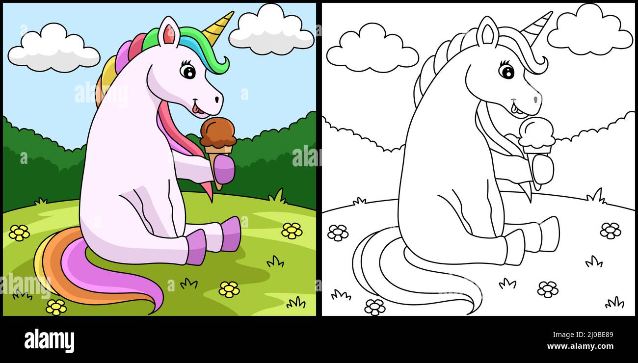 Licorne manger crème glacée coloriage page Illustration de Vecteur