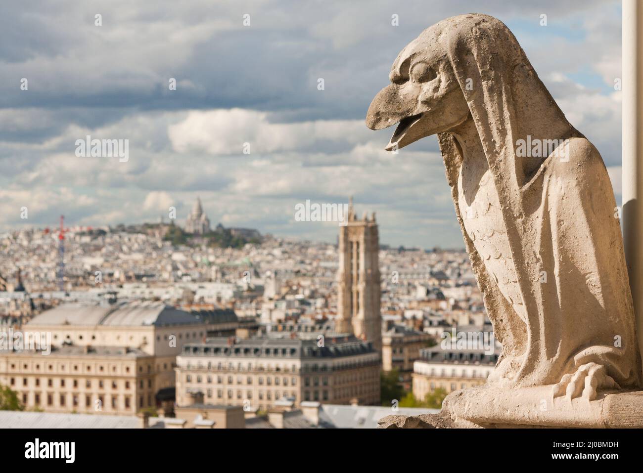 Gargoyle sur la Cathédrale notre Dame et la ville de Paris gros plan, France Banque D'Images