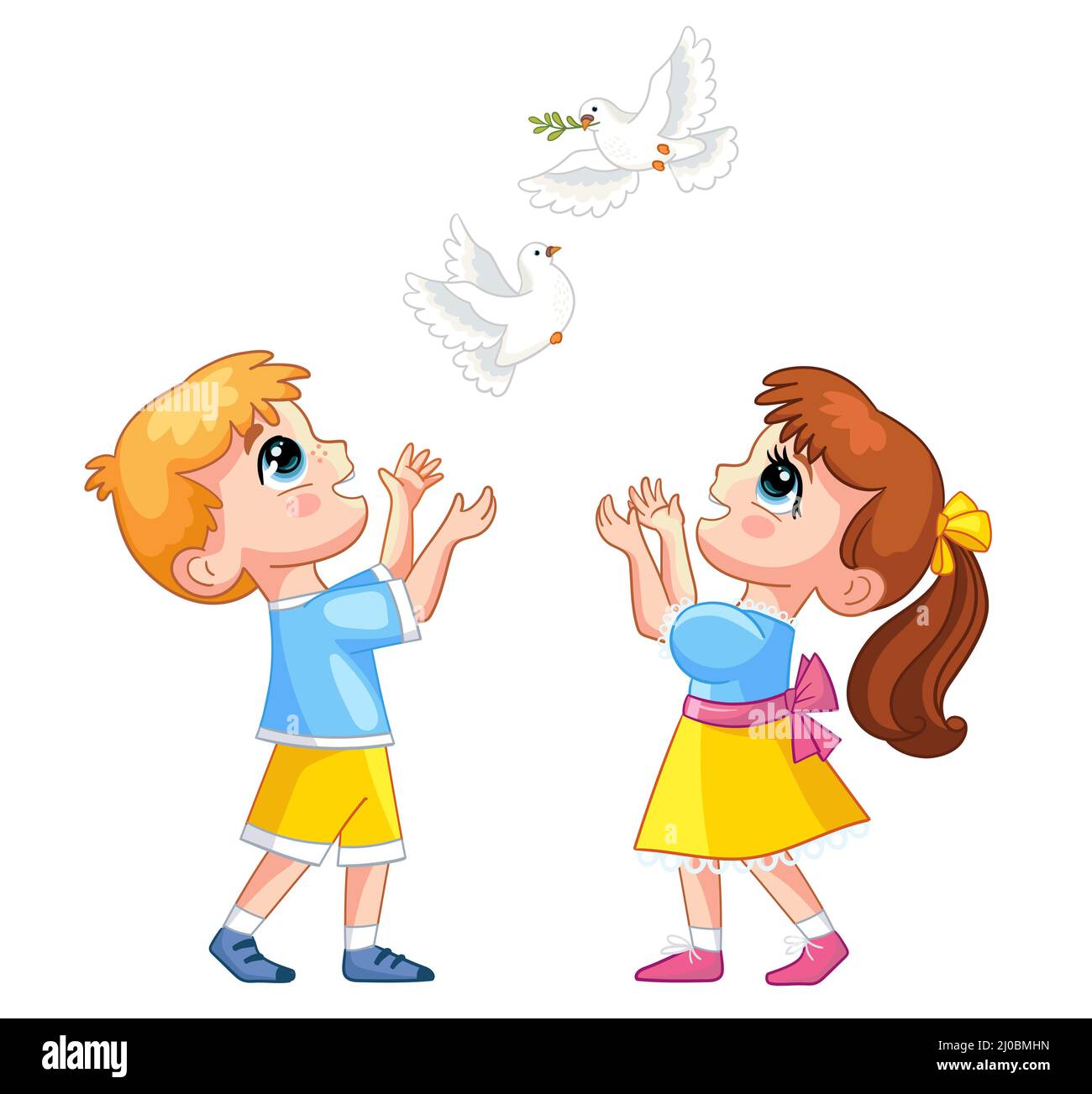 Petit dessin animé joyeux garçon et fille personnages dans des vêtements jaunes et bleus avec des colombes blanches. Illustration vectorielle isolée sur fond blanc Illustration de Vecteur