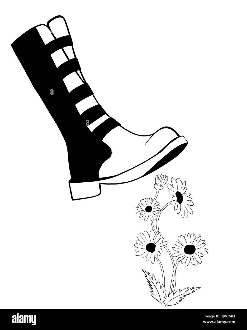 Guerre entre la Russie et l'Ukraine. L'agresseur russe a attaqué l'Ukraine pacifique. La chaussure militaire piétinent une fleur. Banque D'Images