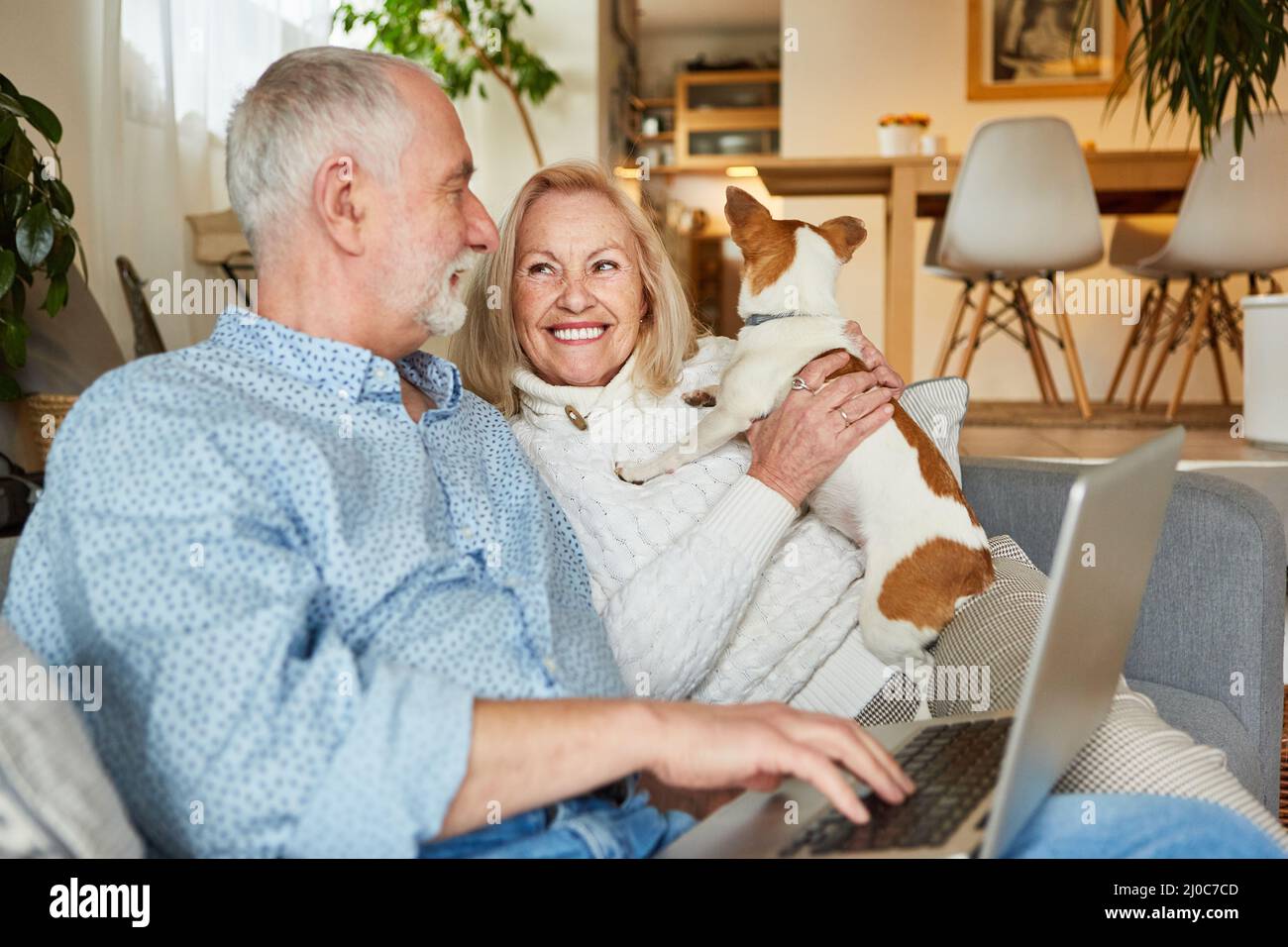 Un couple senior à la retraite avec un petit chien utilisant un ordinateur portable à la maison dans le salon Banque D'Images