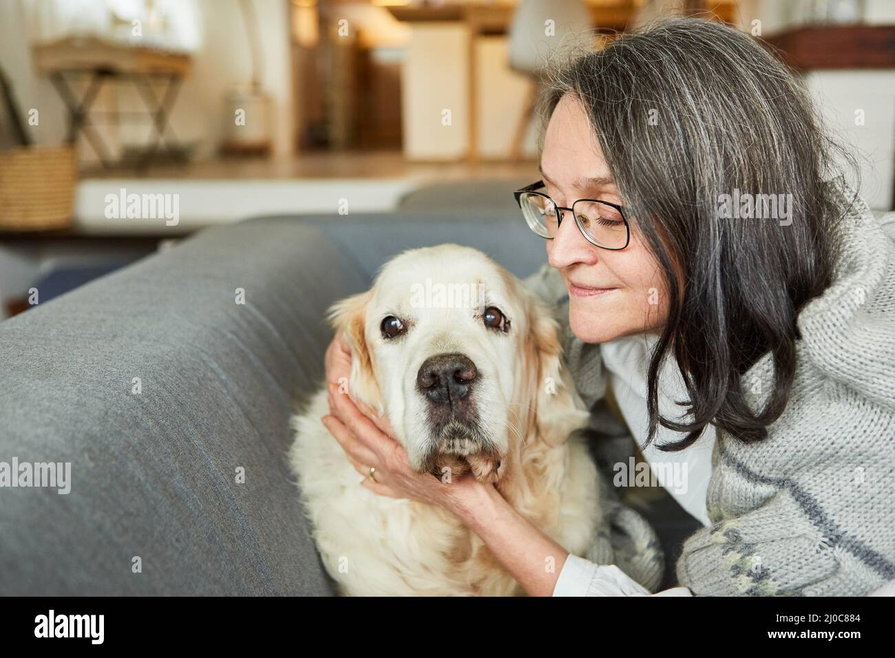 La vieille femme épouse avec amour son chien de vengeance sur le canapé pour l'amitié et la compagnie Banque D'Images