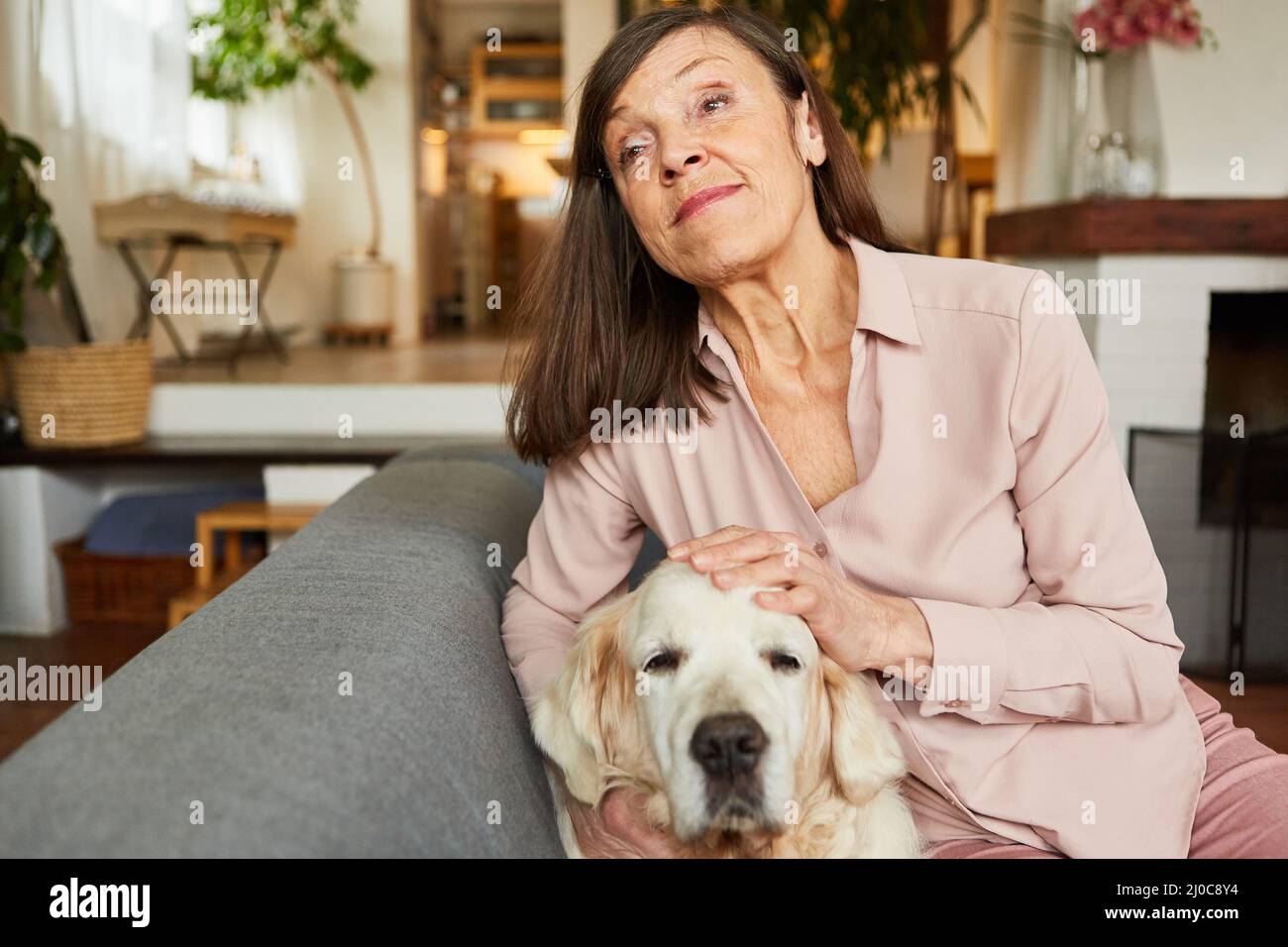 La vieille femme sur le canapé à la maison, à la recherche de son chien de compagnie et contre la solitude Banque D'Images