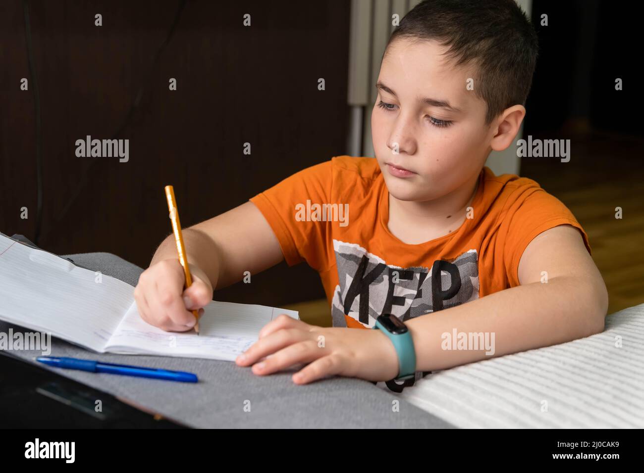 Enfant faisant ses devoirs avec un ordinateur portable. Enseignement en ligne à distance. Banque D'Images