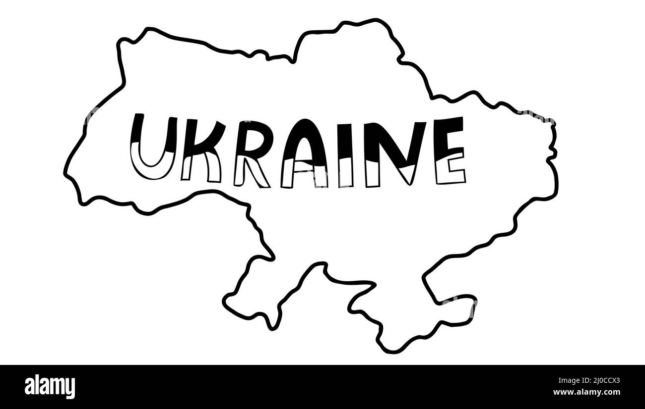 Mot Ukraine. Carte de l'Ukraine et armoiries du pays trident. Illustration vectorielle. Doodle linéaire dessiné à la main. Pour la conception et la décoration de Illustration de Vecteur