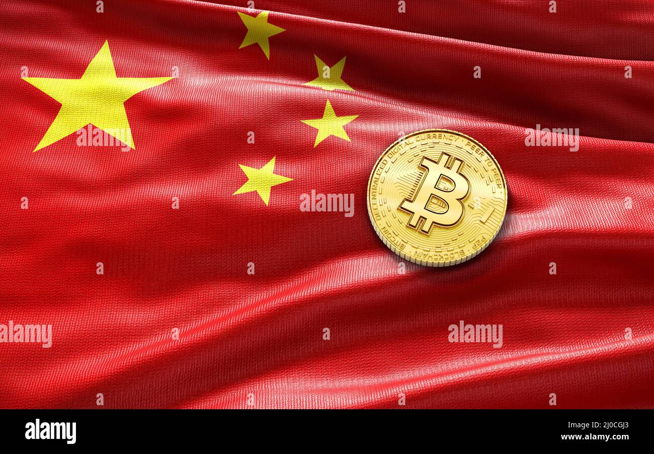 Pièces de crypto-monnaie Bitcoin sur le drapeau national de la chine.monnaie virtuelle, affaires de blockchain, concept de réglementation de la loi Crypto. Banque D'Images