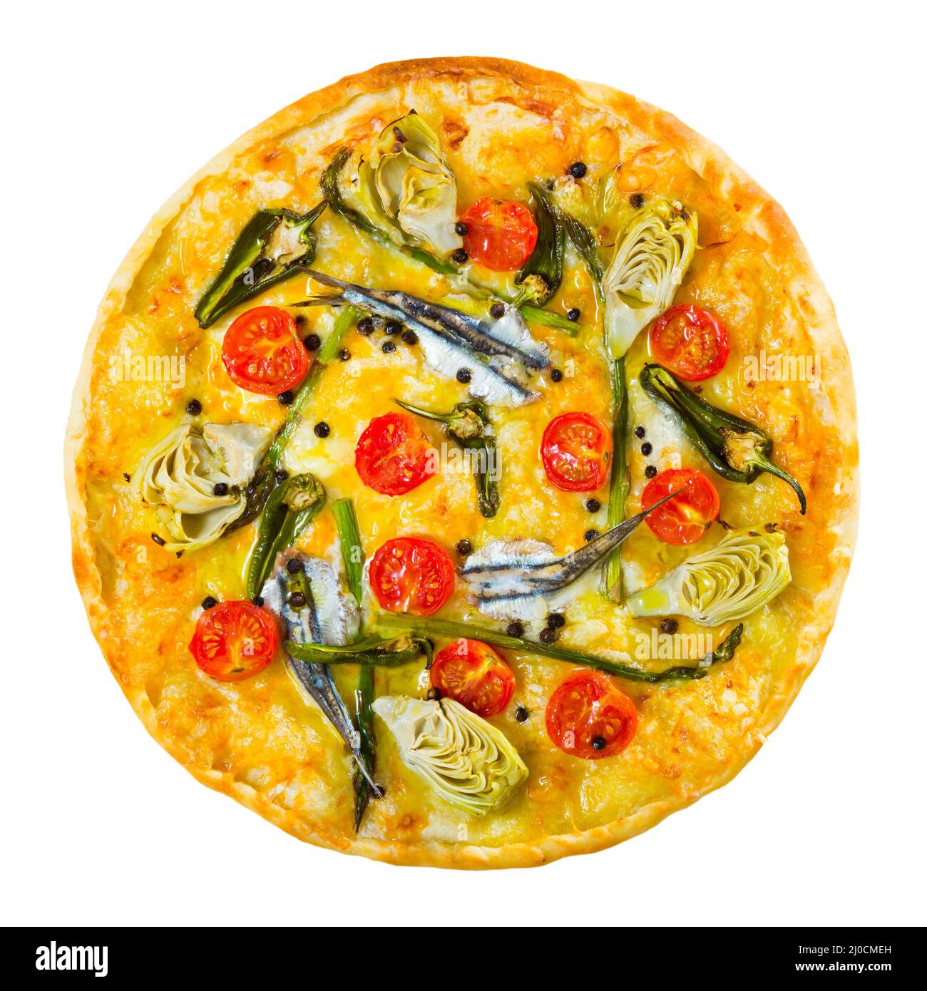 Vue de dessus de pizza avec anchois, artichauts, fromage, tomates séchées Banque D'Images