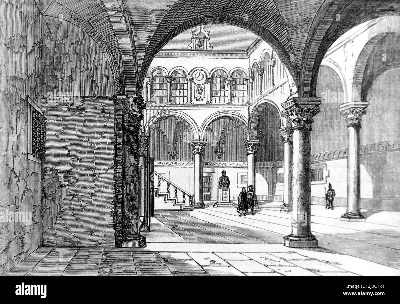 Cour intérieure du Palais Sponza Dubrovnik Croatie. Illustration ancienne ou gravure 1860. Banque D'Images