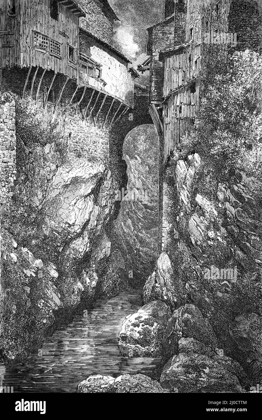 Pont-en-Royans dans le Parc régional du Vercors Isère France. Illustration ancienne ou gravure 1860. Banque D'Images