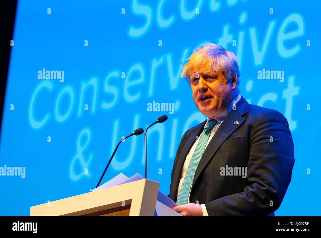 Aberdeen, Écosse, Royaume-Uni. 18th mars 2022. Discours d'ouverture du Premier ministre Boris Johnson lors de la Conférence du parti conservateur écossais 2022, à l'occasion de la conférence P&J à Aberdeen, en Écosse. Iain Masterton/Alay Live News Banque D'Images