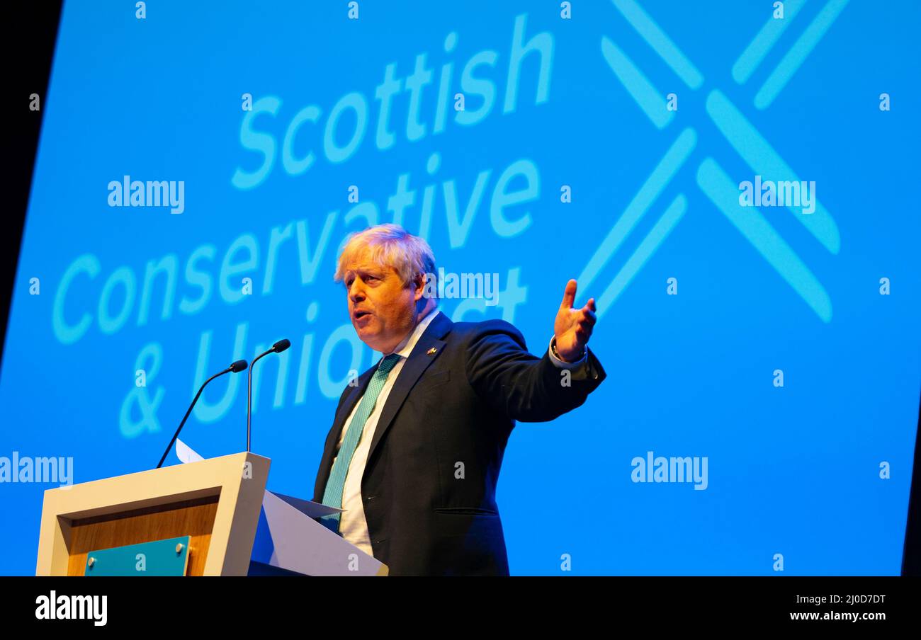 Aberdeen, Écosse, Royaume-Uni. 18th mars 2022. Discours d'ouverture du Premier ministre Boris Johnson lors de la Conférence du parti conservateur écossais 2022, à l'occasion de la conférence P&J à Aberdeen, en Écosse. Iain Masterton/Alay Live News Banque D'Images