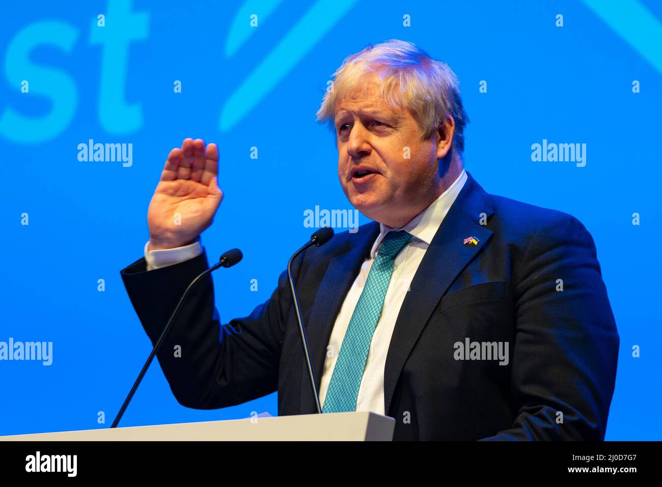 Aberdeen, Écosse, Royaume-Uni. 18th mars 2022. Discours d'ouverture du Premier ministre Boris Johnson lors de la Conférence du parti conservateur écossais 2022, à l'occasion de la conférence P&J à Aberdeen, en Écosse. Iain Masterton/Alay Live News Banque D'Images