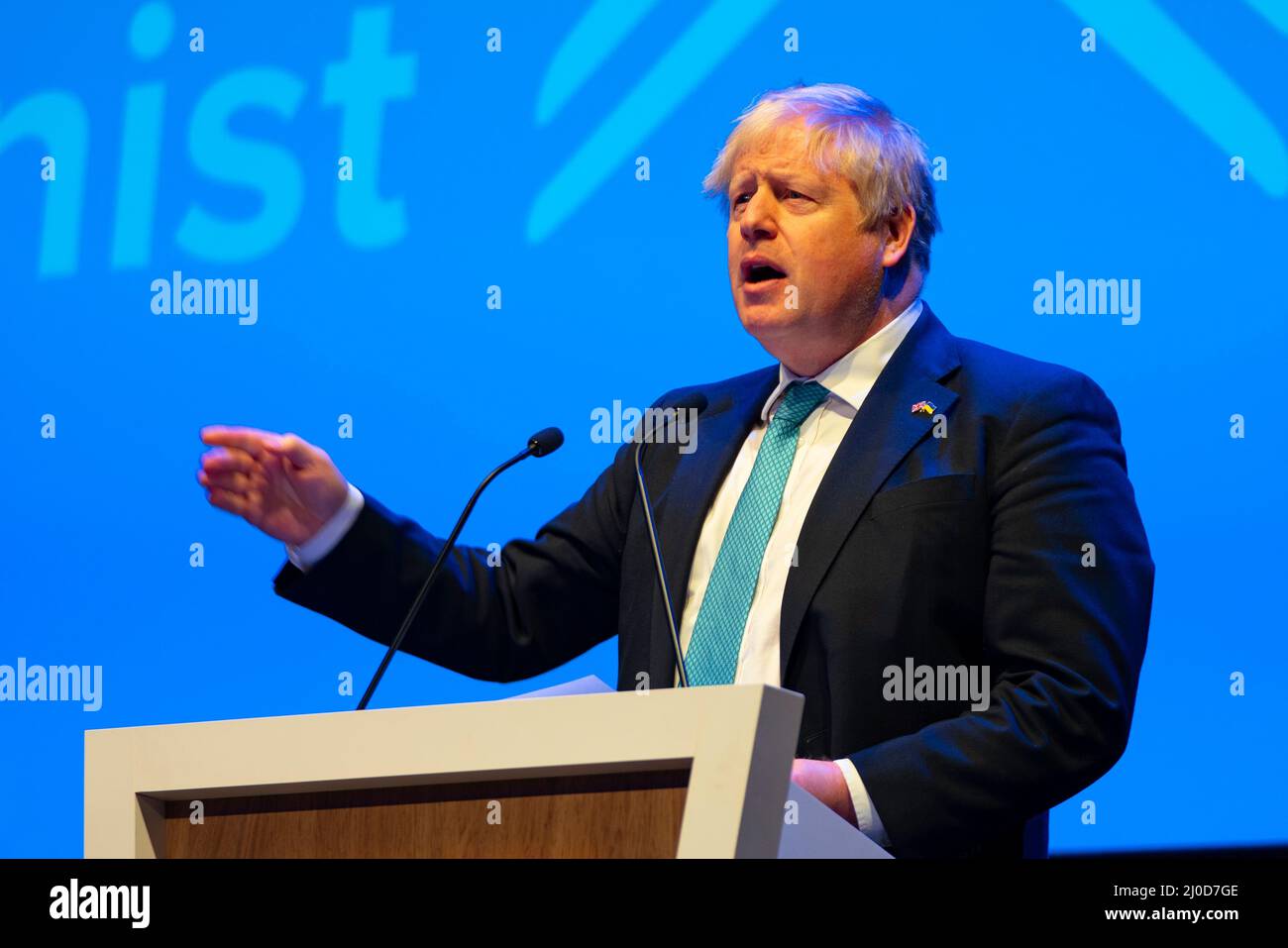 Aberdeen, Écosse, Royaume-Uni. 18th mars 2022. Discours d'ouverture du Premier ministre Boris Johnson lors de la Conférence du parti conservateur écossais 2022, à l'occasion de la conférence P&J à Aberdeen, en Écosse. Iain Masterton/Alay Live News Banque D'Images