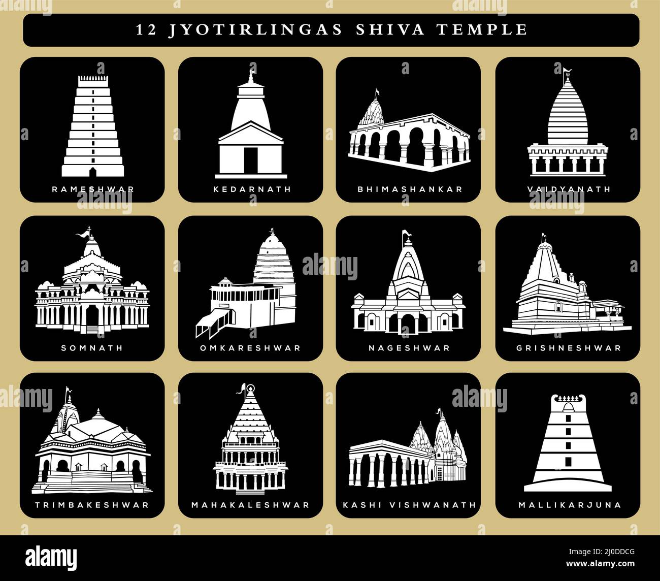 12 icône vecteur de Lord Shiva temples. 12 temple jyotirlincas. Illustration de l'icône Shiva temples. Mandir. shiv noir et blanc. Illustration de Vecteur