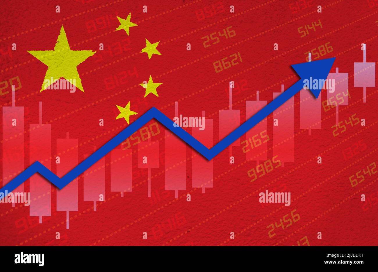 Reprise économique avec une flèche vers le haut du graphique boursier en territoire positif sur le drapeau chinois peint sur le mur. Reprise des marchés financiers et financiers Banque D'Images