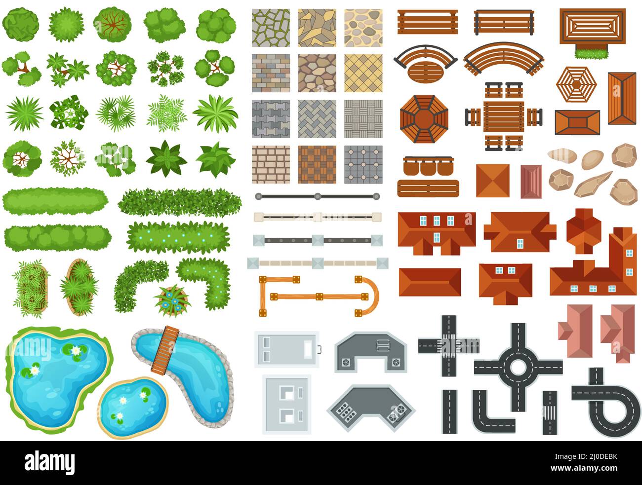 Vue de dessus éléments de la ville, arbres, routes, bâtiments, maisons, trottoirs. Ville rue architecture, meubles, plantes pour parc paysage ensemble de vecteur. Articles extérieurs pour plan de ville, projet de cour Illustration de Vecteur