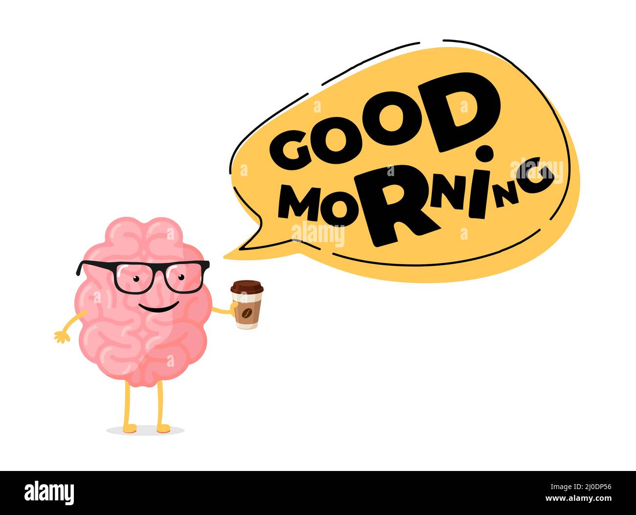 Concept de bannière Good Morning. Dessin animé intelligent sourire personnage du cerveau humain tient le café de tasse. Organe du système nerveux central réveil drôle affiche. Illustration du vecteur eps Illustration de Vecteur