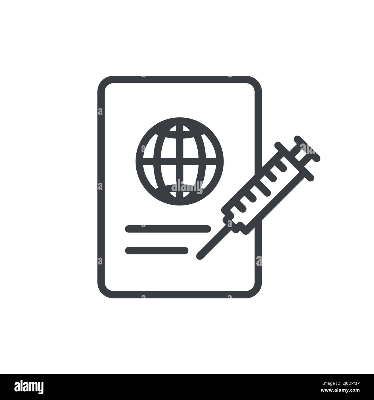 Icône de la ligne de passeport de vaccination. Documenter avec le symbole de contour de la seringue pour voyager dans le temps pandémie. Illustration de Vecteur