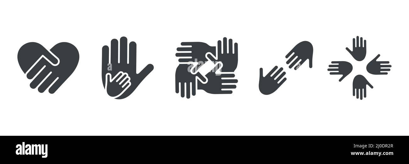 Collection de symboles Friendship Arms Line. Pictogramme du travail d'équipe d'entreprise. Ensemble mains à contour noir. Illustration de Vecteur
