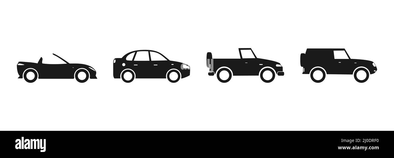 Icône de voiture définie. Silhouette d'automobile noire. Collection de symboles automatique. Concept de sport de transport. Illustration de Vecteur