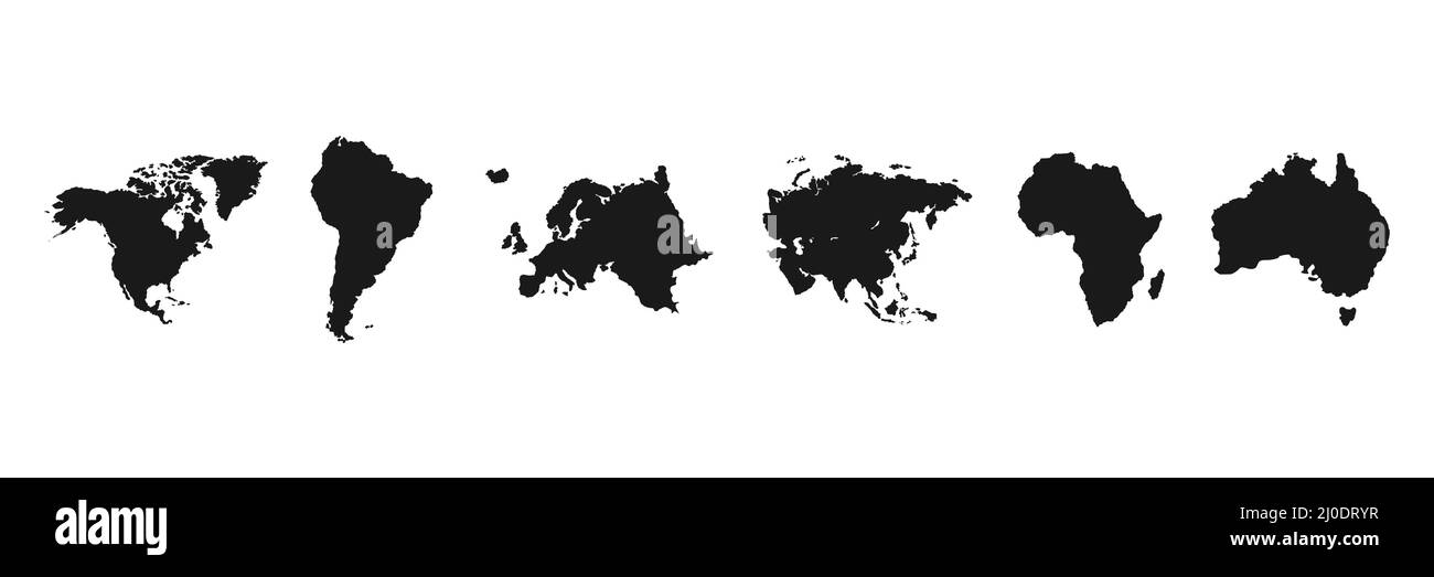 Continents du monde. Carte du monde silhouettes noires. Illustration de Vecteur
