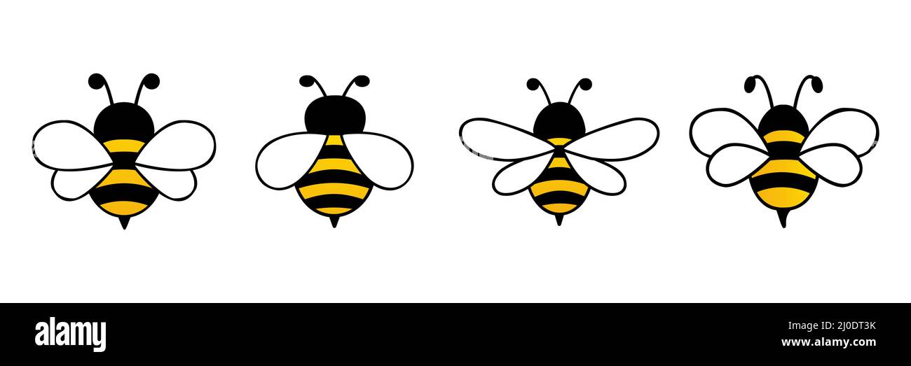 Jeu de personnages de dessin animé Bee. Collection Happy cute Bees avec grands yeux. Illustration de Vecteur
