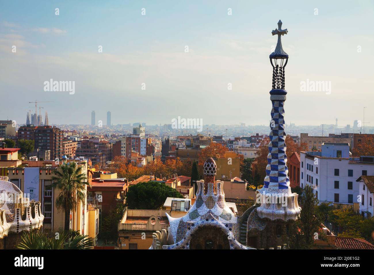 Vue d'ensemble de la ville depuis le parc Guell Banque D'Images