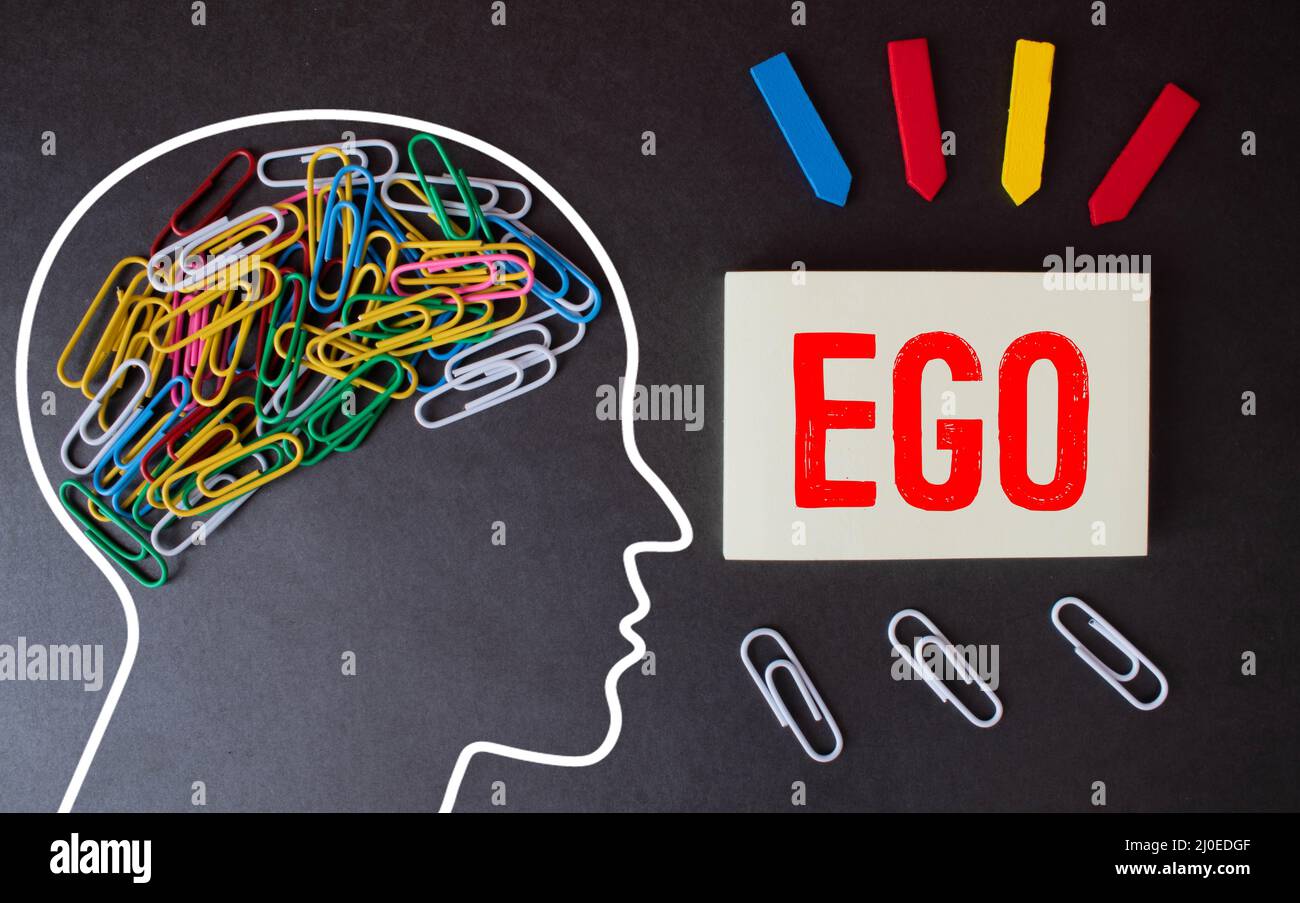 concept ego surdimensionné - mot en bois d'époque blocs d'impression typographiques, colorés par des encres de couleur, isolés sur blanc Banque D'Images