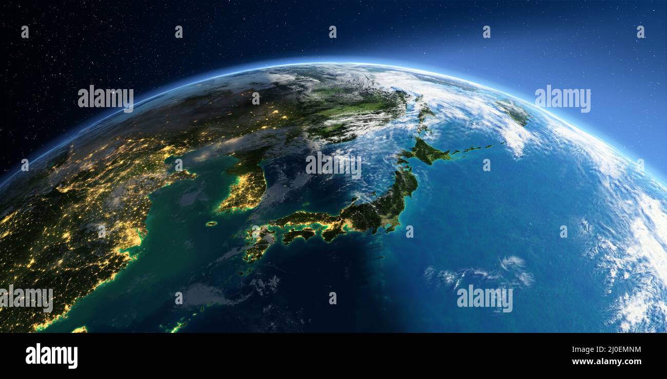 Terre détaillée. Une partie de l'Asie, du Japon et de la Corée, de la mer japonaise Banque D'Images